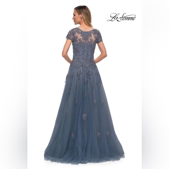 La Femme 29380 Tulle A Line Gown in Slate Embroidered Floral Lace Flowers Prom - Picture 7 of 11